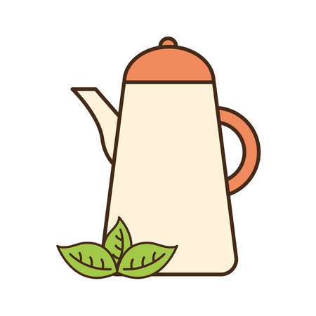 Tea kettle with leaves line and fill style icon design, Time drink breakfast and beverage theme Vector illustrationのイラスト素材