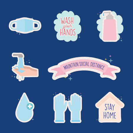icon set of covid19 pandemic stickers vector illustration designのイラスト素材
