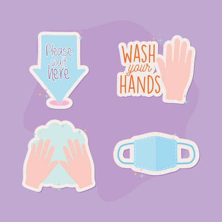 set of four covid19 pandemic stickers vector illustration designのイラスト素材