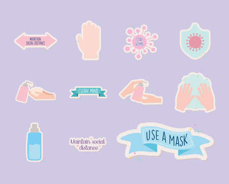 icon group of covid19 pandemic stickers vector illustration designのイラスト素材