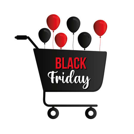 Black friday lettering in a shopping cart with ballons vector illustration designのイラスト素材