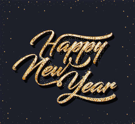 happy new year lettering of golden color on black background vector illustration designのイラスト素材