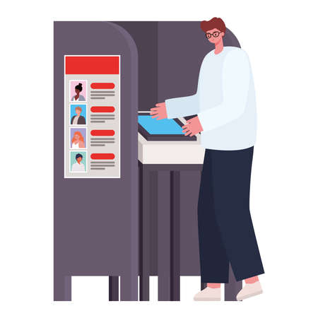 man voting with dark brown hair and white coat in gray voting booth vector illustration designのイラスト素材
