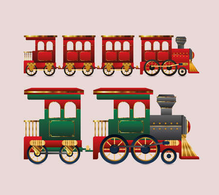 merry christmas red and green trains design, winter season and decoration theme Vector illustrationのイラスト素材