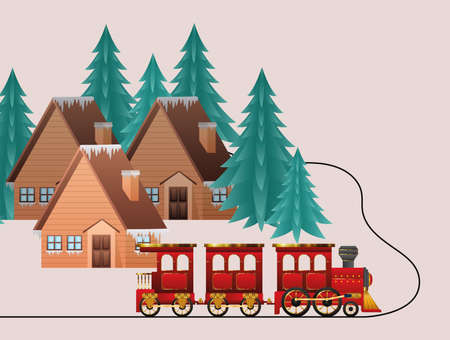 merry christmas houses train and pine trees design, winter season and decoration theme Vector illustrationのイラスト素材