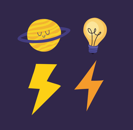 set of sticker with thunders, planets and one bulb vector illustration design