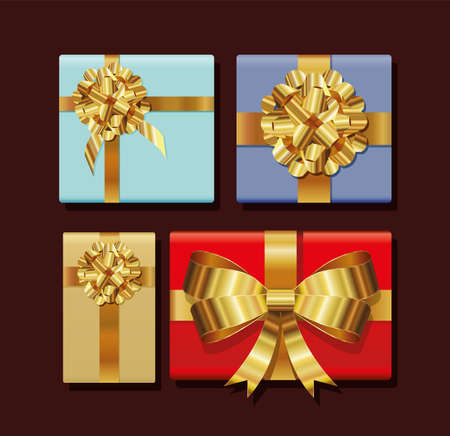 set of gifts boxes with golden ribbons vector illustration designのイラスト素材