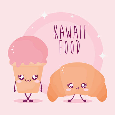 kawaii food lettering with ice cream and croissant vector illustration designのイラスト素材