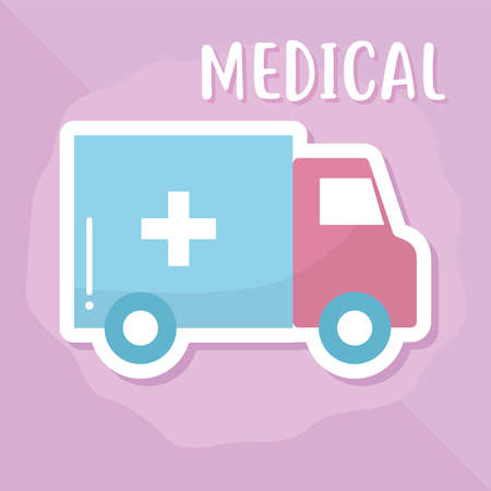 ambulance of a blue color with pink and medical lettering on pink background vector illustration designのイラスト素材