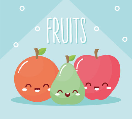 set of kawaii fruits with a smile on blue background vector illustration designのイラスト素材