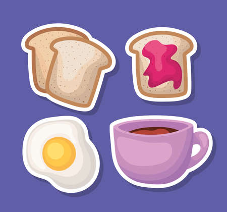 set of breakfast food on a purple background vector illustration designのイラスト素材