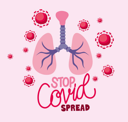 stop covid spread lettering in color with lung vector illustration designのイラスト素材