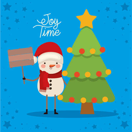 snowman with one tree and joy times lettering vector illustration designのイラスト素材