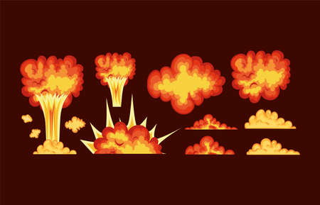 set of blasts with fire clouds of orange, red and yellow color on a red background vector illustration designのイラスト素材