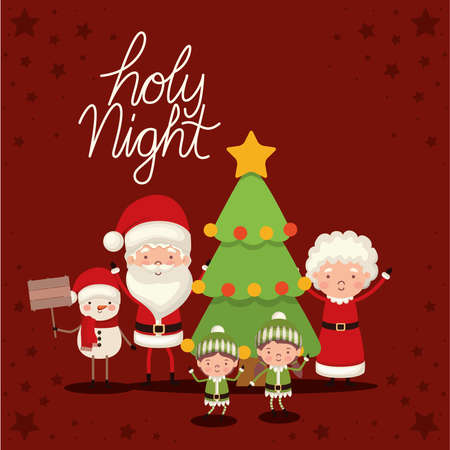set of christmas characters and holy night lettering on red background vector illustration designのイラスト素材