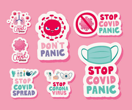 group of covid doodle flat over white background vector illustration designのイラスト素材