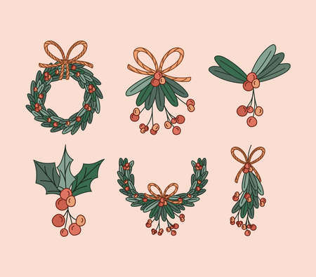 set of mistletoe bow custom vector illustration designのイラスト素材