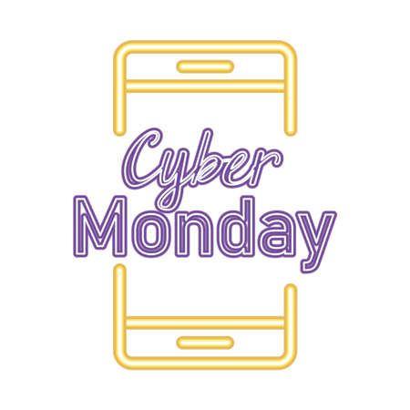 cyber monday lettering in neon font with a phone vector illustration designのイラスト素材
