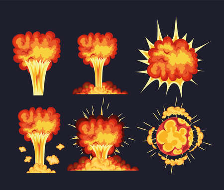 set of blasts with fire clouds of orange, red and yellow color vector illustration designのイラスト素材