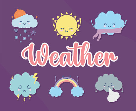 set of weather icons with weather lettering vector illustration designのイラスト素材