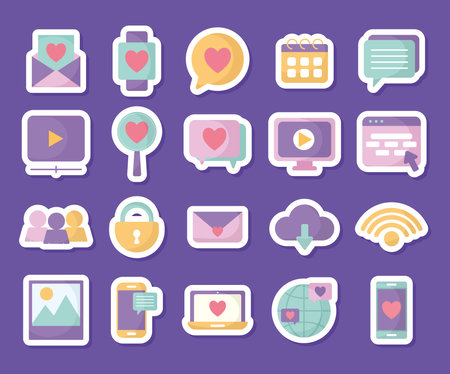 group of social media icons over a purple background vector illustration designのイラスト素材