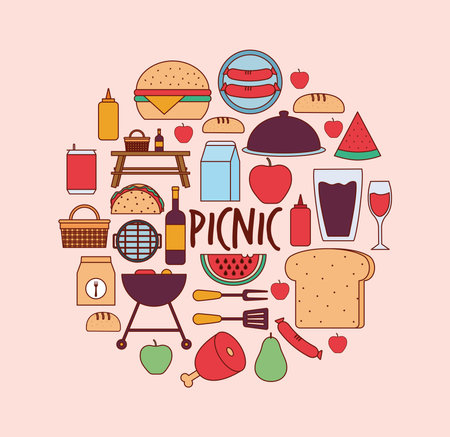 set of picnic icons and picnic lettering on a pink background vector illustration designのイラスト素材
