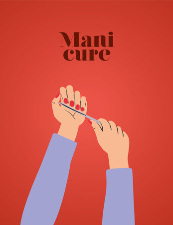 manicure lettering and hands with a red nails and one nail file vector illustration designのイラスト素材