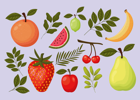 bundle of fruits icons on a purple background vector illustration designのイラスト素材