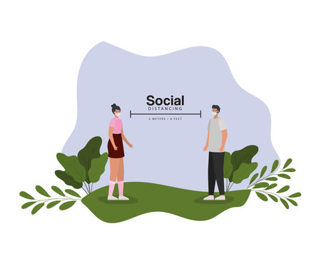 social distancing, two meters and six feet lettering with one man and woman on a green meadow vector illustration designのイラスト素材