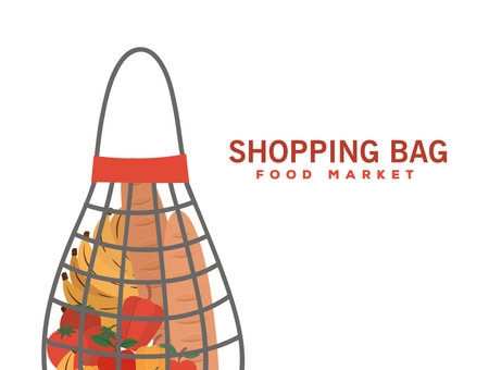 shopping bag food market lettering and mesh bag full of market products vector illustration designのイラスト素材