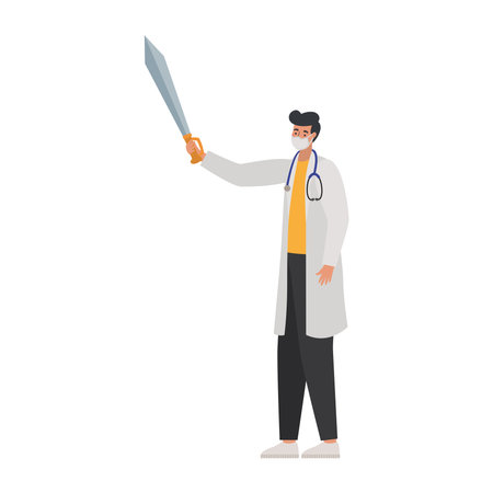 male doctor with one safety mask and one gray sword vector illustration designのイラスト素材