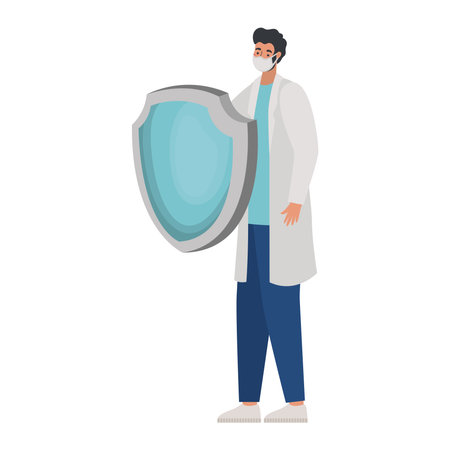 male doctor with one safety mask one and one shield vector illustration designのイラスト素材