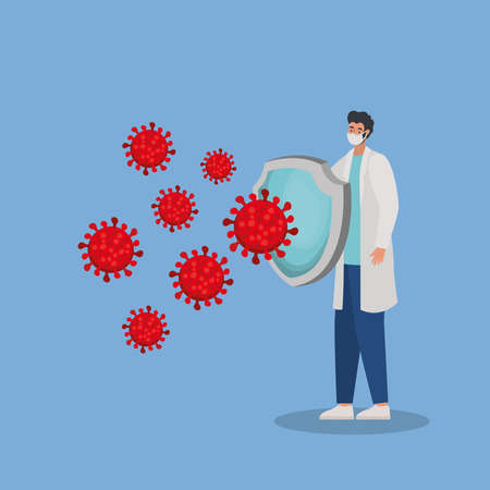 male doctor with one shield, red particles and one safety mask on a blue background vector illustration designのイラスト素材