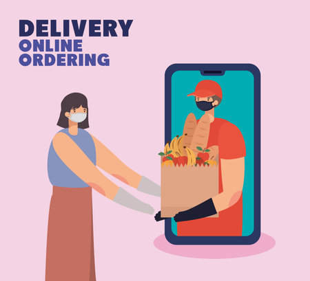 delivery online ordening lettering and man with safety mask and one paper bag full of market products on a phone vector illustration designのイラスト素材
