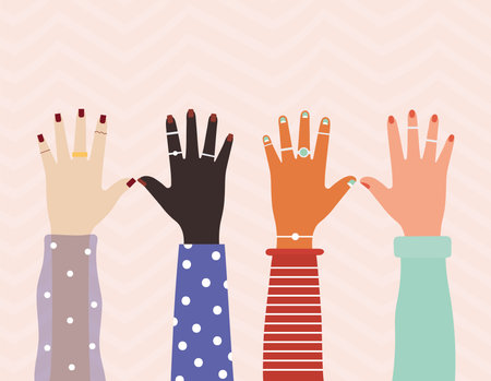 diversity hands with colored nails on a pink background vector illustration designのイラスト素材