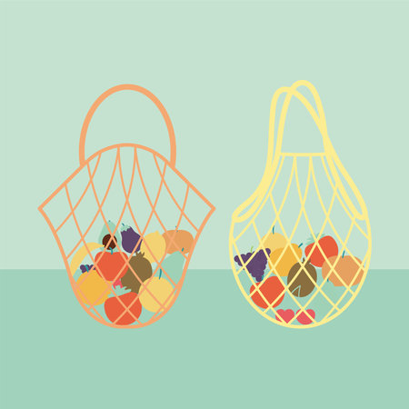 set of two eco bags with a fruits inside of it vector illustration designのイラスト素材