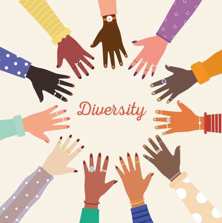diversity lettering and diversity of united hands in the center vector illustration designのイラスト素材