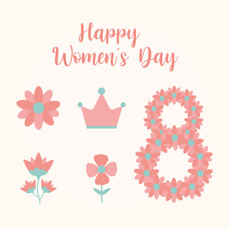 happy womens day lettering and bundle of womens day icons vector illustration designのイラスト素材