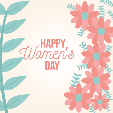 happy womens day poster with flowers and plants vector illustration designのイラスト素材