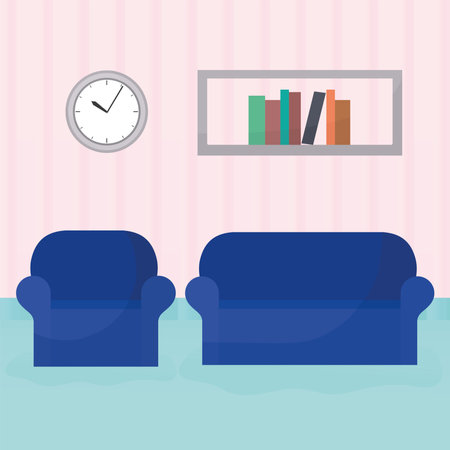 living room with two furniture and a checkered bookshelf and a clock behind these vector illustration designのイラスト素材