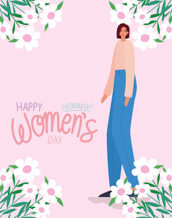 8 march womens days lettering and cute woman with blue jeans vector illustration designのイラスト素材