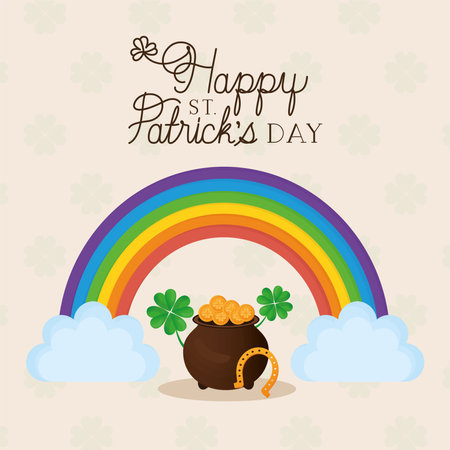 happy st patricks day lettering, rainbow with two clouds and pot full of gold coins vector illustration designのイラスト素材