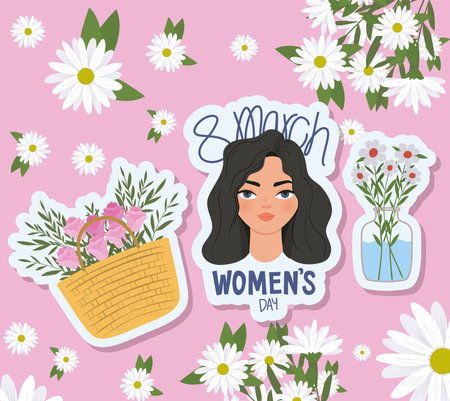 8 march womens day lettering, cute woman with black hair and basket full with roses vector illustration designのイラスト素材