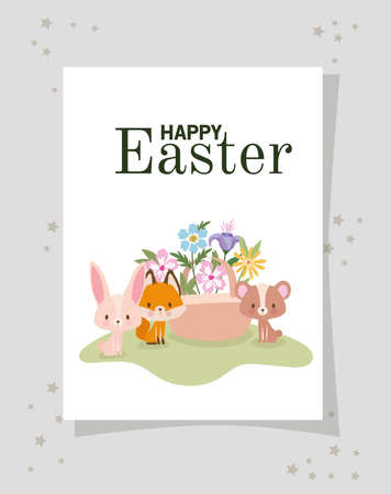 invitation with happy easter lettering,one cute pink bunny, fox, bear and one basket full of flowers vector illustration designのイラスト素材