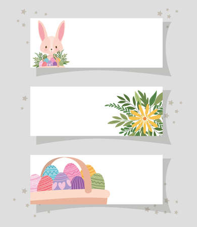 frames with one cute pink bunny, yellow flower and one basket full of easter eggs vector illustration designのイラスト素材