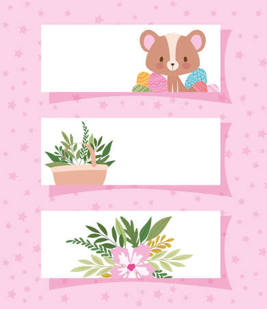 frames with one cute bear and one basket full of plants vector illustration designのイラスト素材