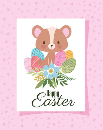 invitation with happy easter lettering,one cute bear and one basket full of easter eggs on a pink background vector illustration designのイラスト素材