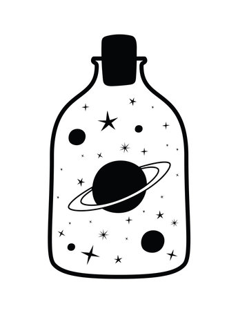 minimalist tattoo of a bottle with one planet and stars vector illustration designのイラスト素材