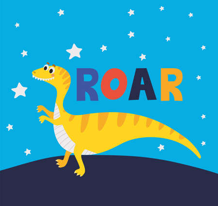roar lettering and one kids illustration of a yellow dinosaur vector illustration designのイラスト素材