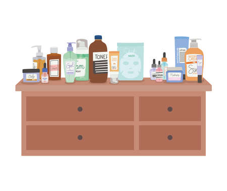 set of skincare icons on furniture with four drawers vector illustration designのイラスト素材